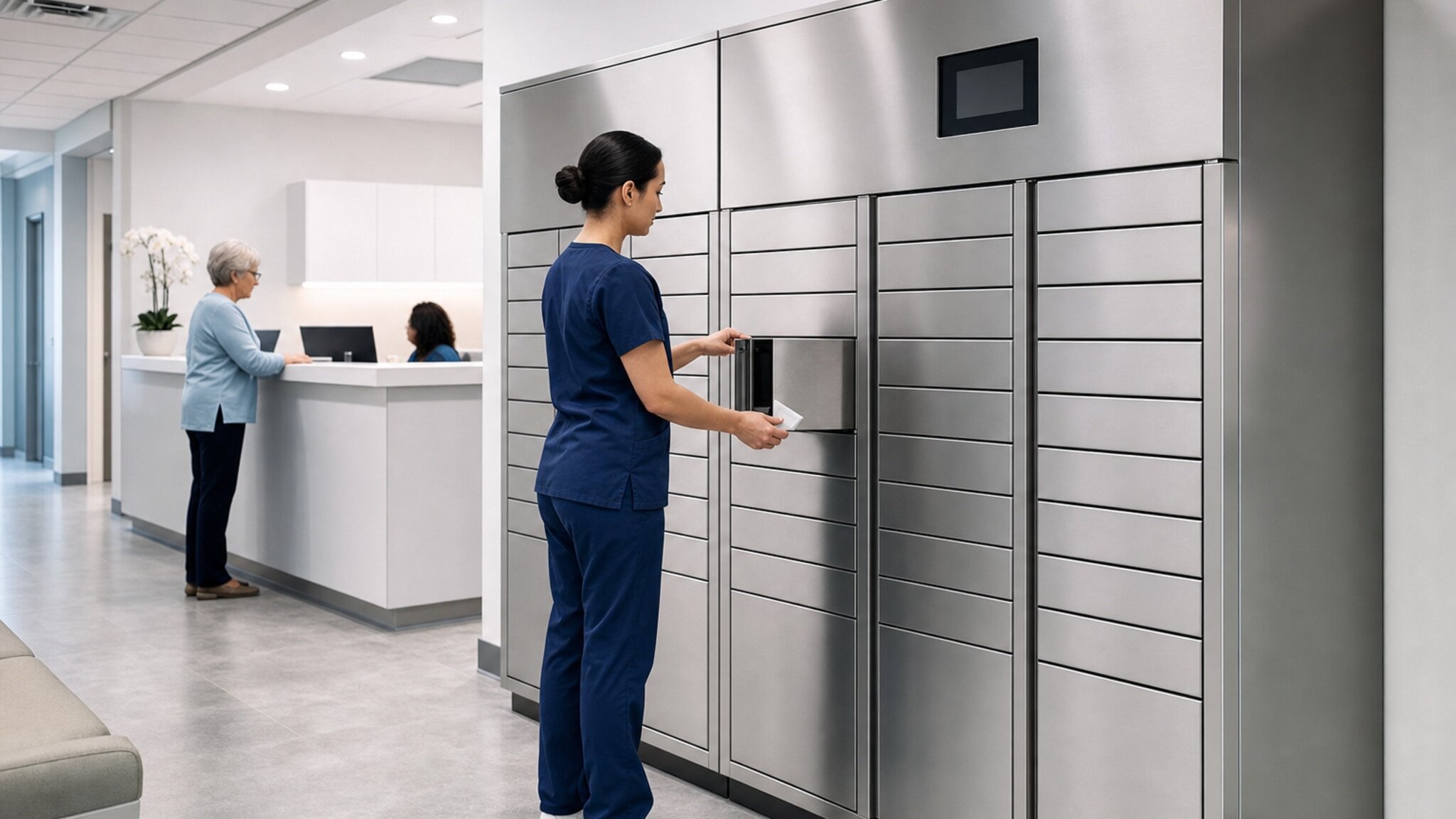 Person in scrubs opening a compartment in a stainless steel locker wall.