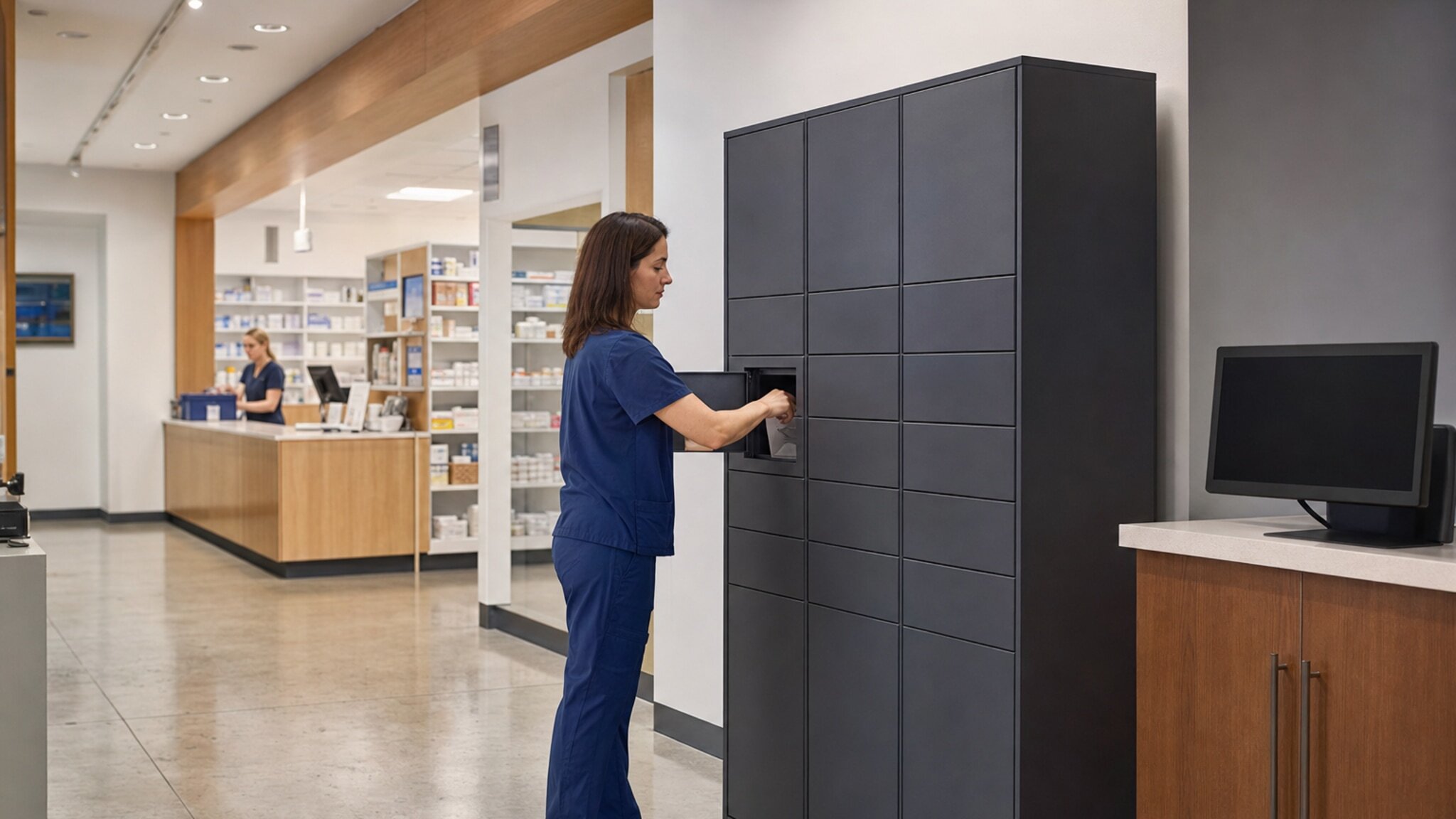 Person in scrubs opening a compartment in a dark locker bank near pharmacy shelves.
