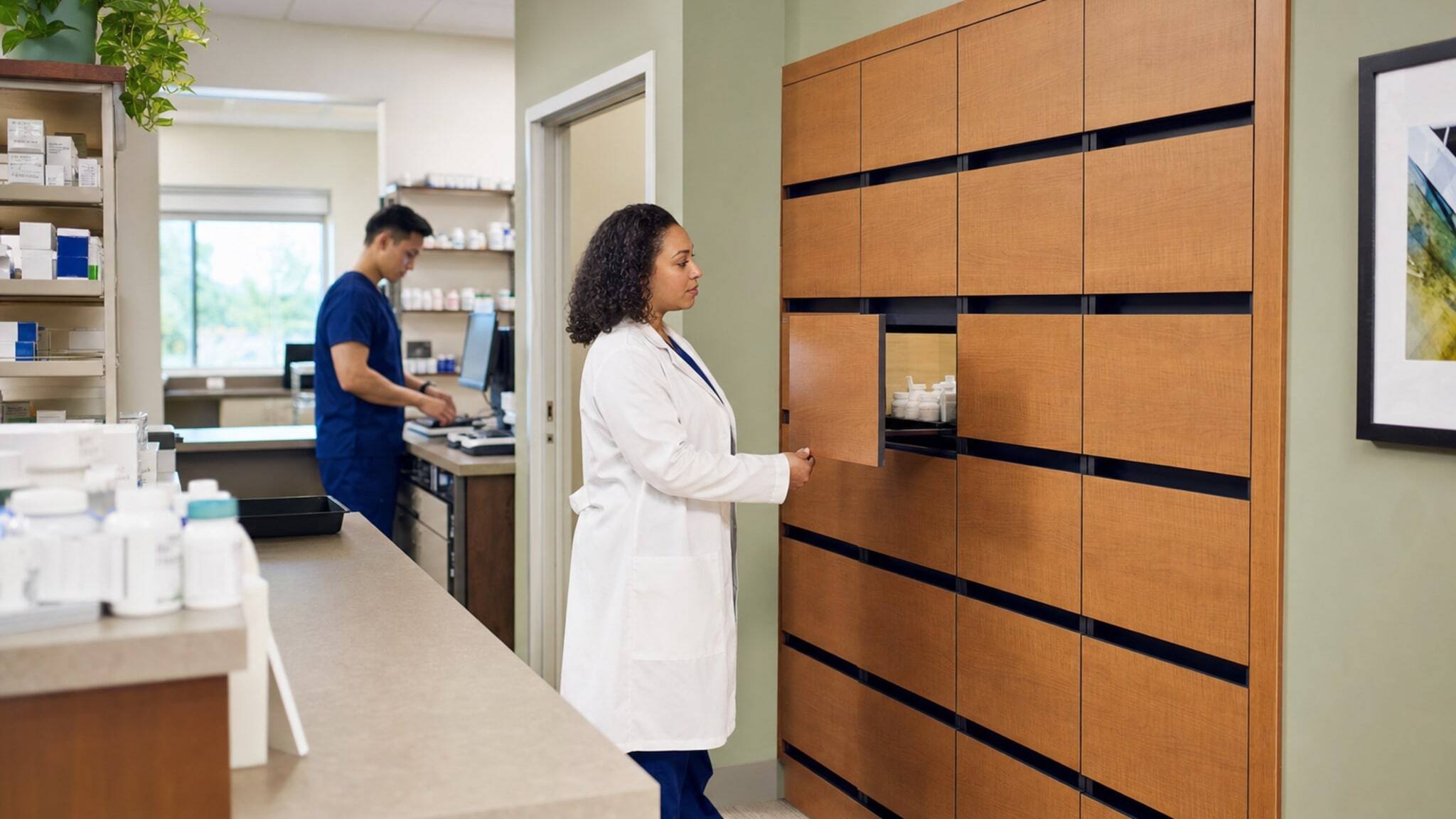 Woman in lab coat opens wood finish locker holding medicine bottles.