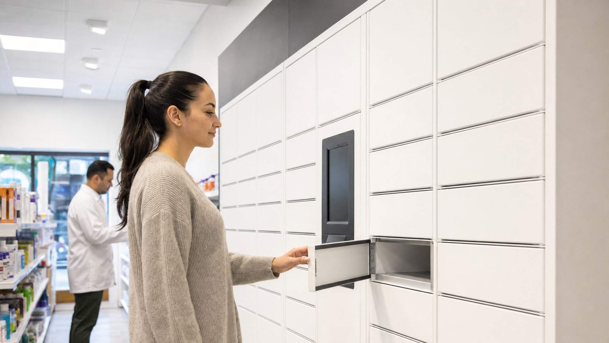 Woman opens a compartment on a white electronic locker wall in a pharmacy aisle.