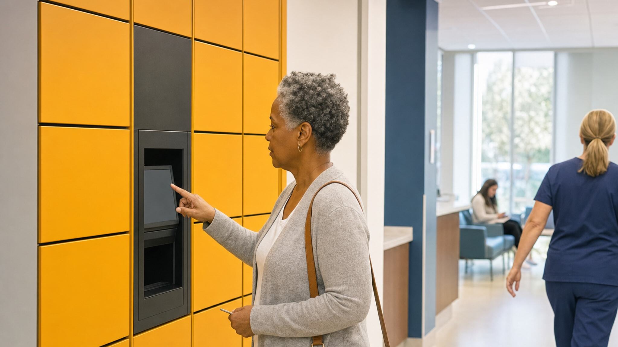 Woman using integrated touchscreen on yellow locker bank in a modern waiting area.