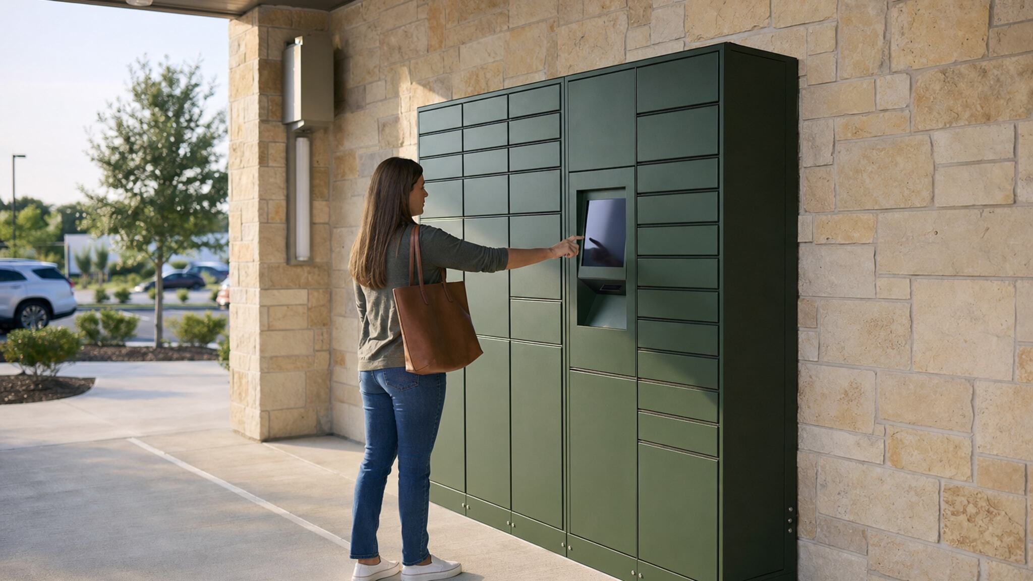 Woman interacting with a dark green locker bank outside a stone building.