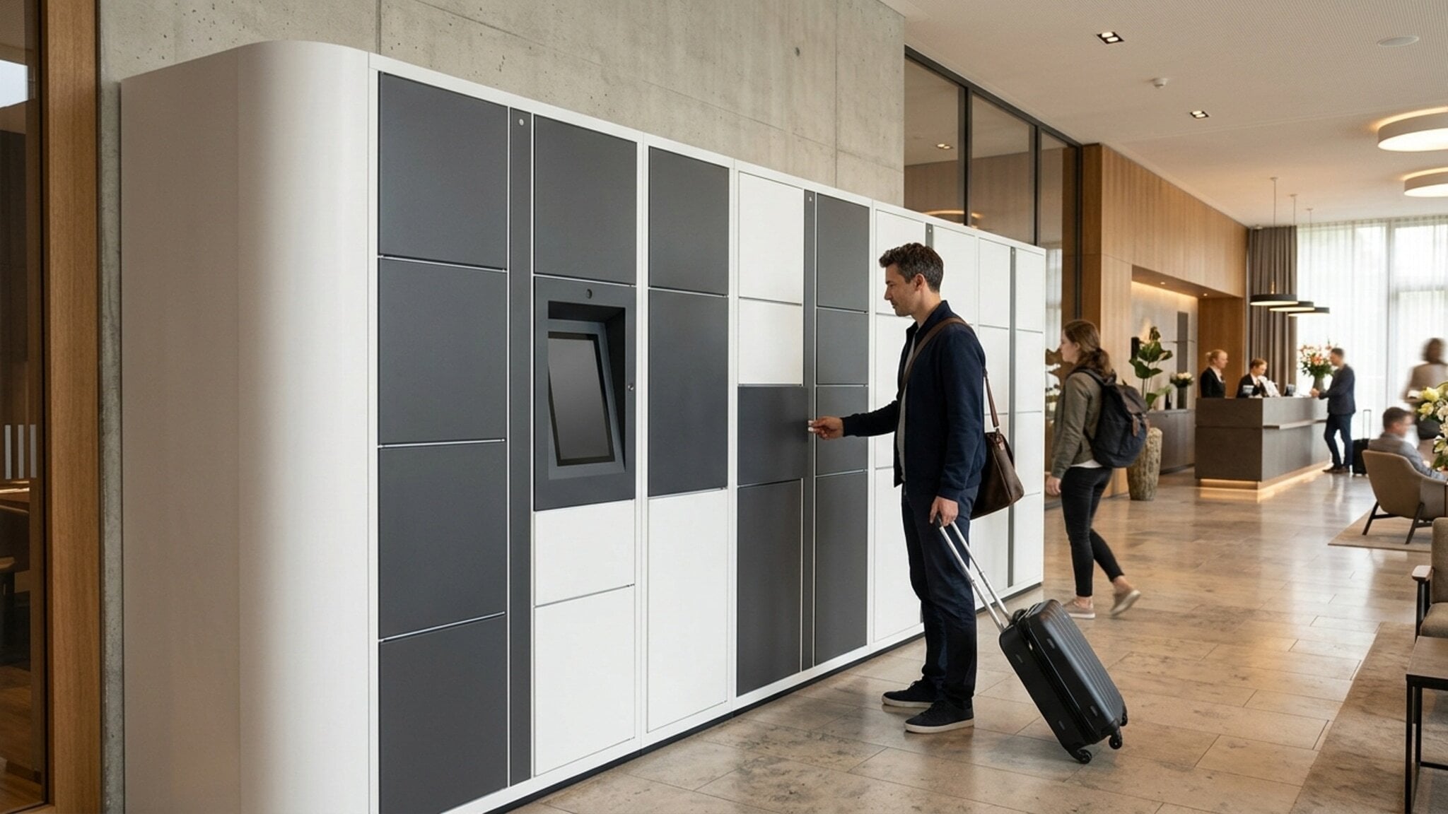 Man accessing compartment in large gray and white smart locker unit