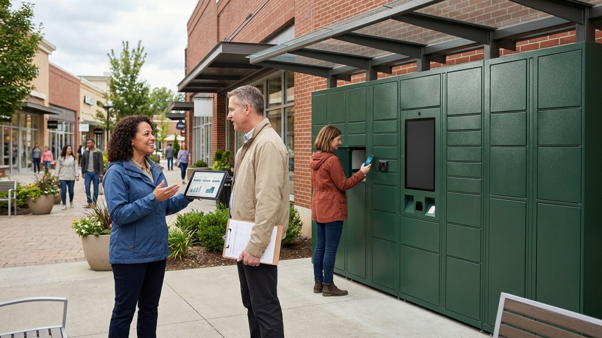 Outdoor green smart locker wall with various compartments and digital terminal