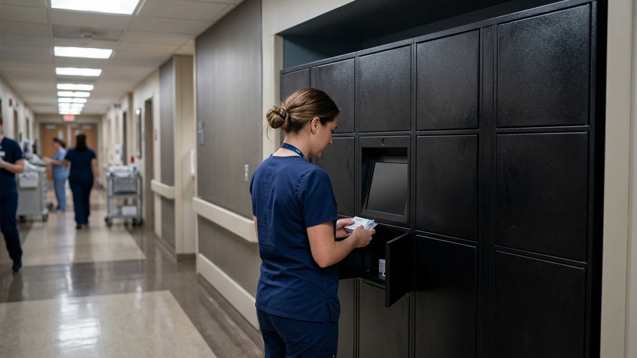 Person using an open black smart locker with touchscreen in hallway