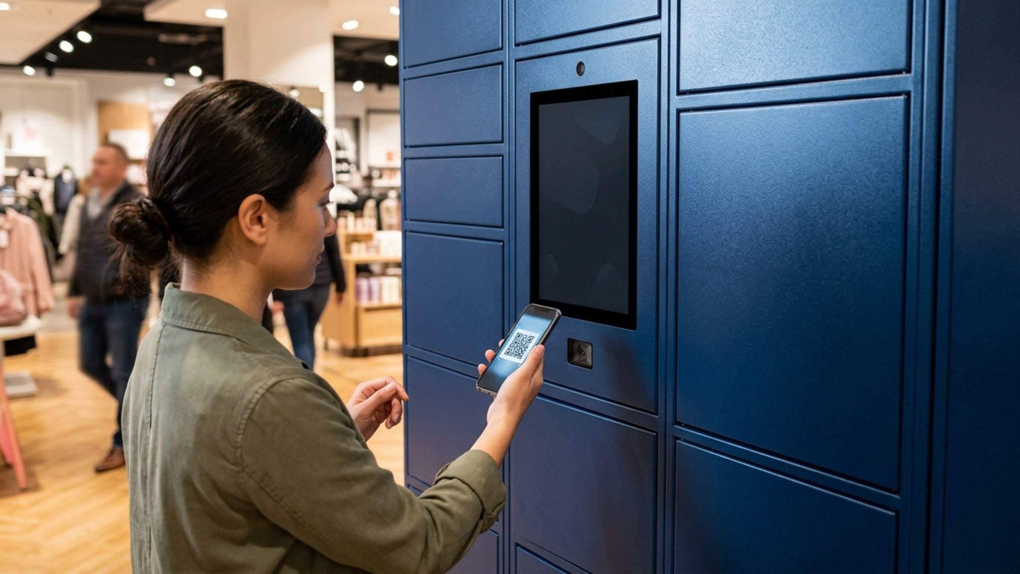 Student scanning QR code on smartphone at blue smart locker device pickup station