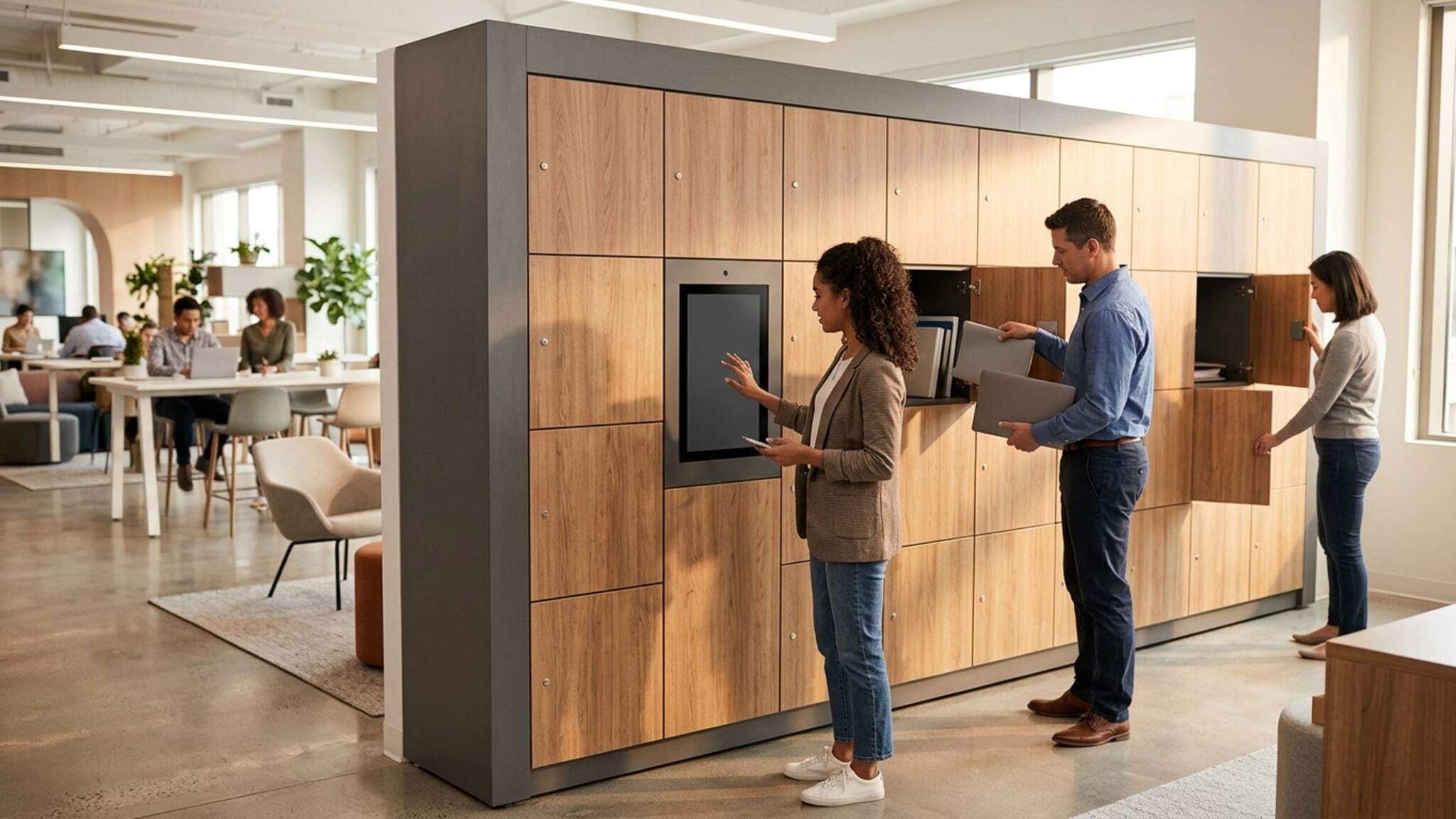 Three people using wood-finish smart lockers with touchscreen in office