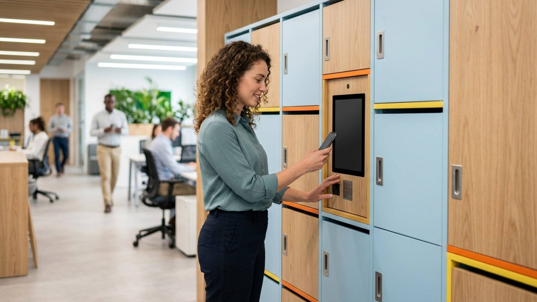 Woman using smart locker keypad and touchscreen with phone in modern workspace