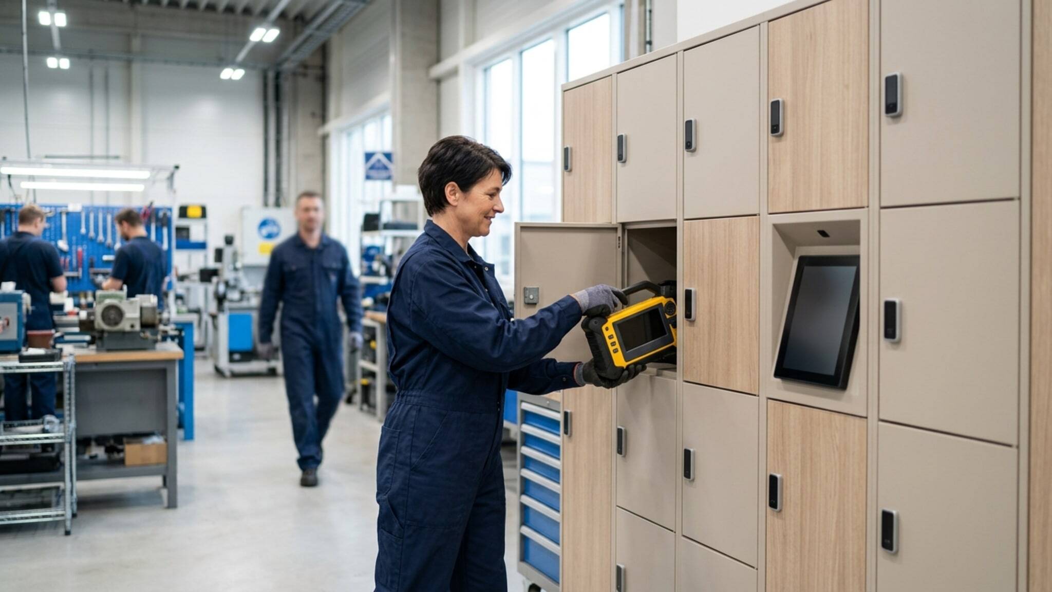 Worker placing a portable device into a locker in industrial facility