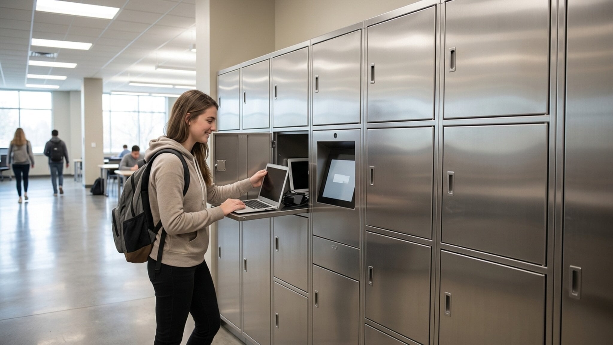 Young woman using a laptop at a smart locker with touchscreen access