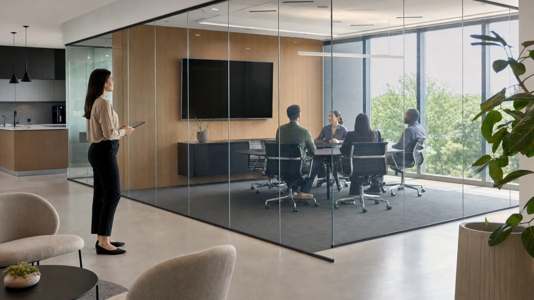 Four people seated in meeting inside frameless glass office walls