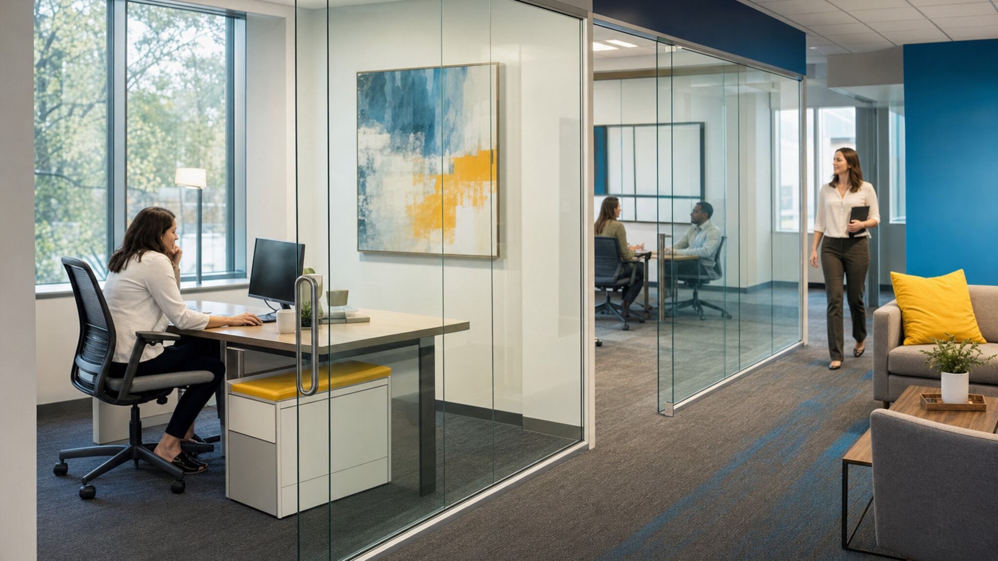Modern office suite divided by frameless glass walls with desks and seating areas.