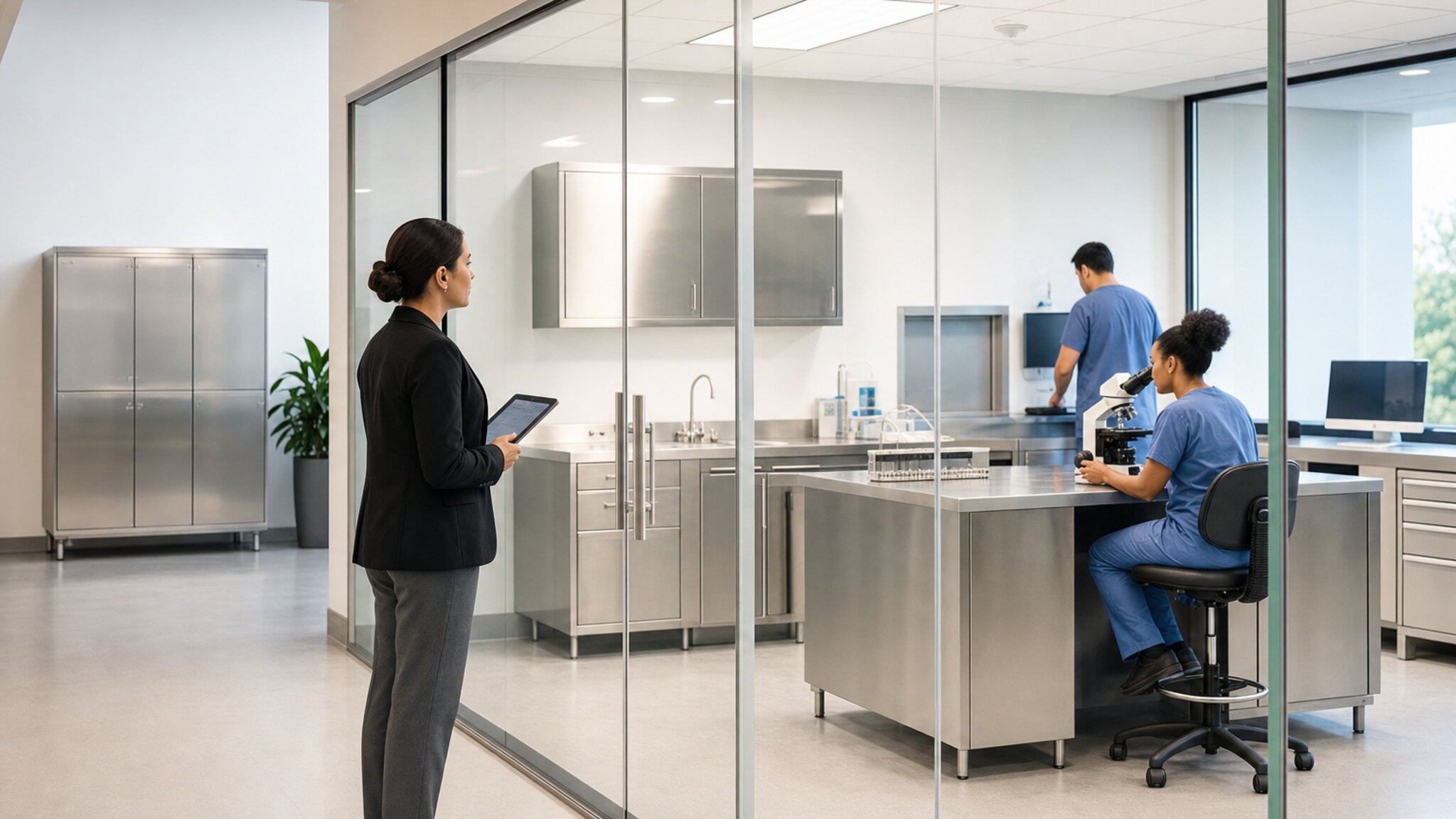 Frameless glass wall separating a lab space from a hallway with people inside.