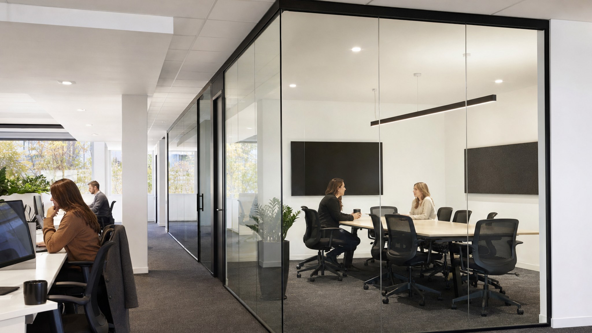 Frameless glass walls forming a meeting room in a modern office interior.