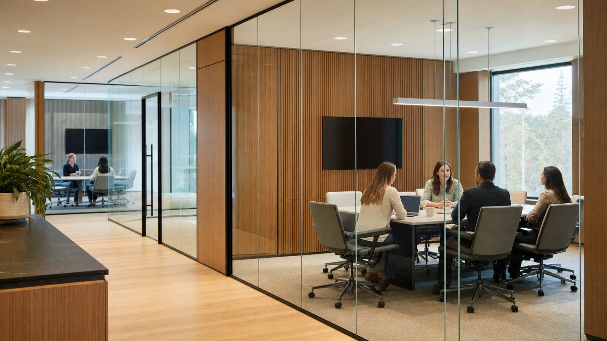 Large meeting area divided into two conference rooms by frameless glass walls.