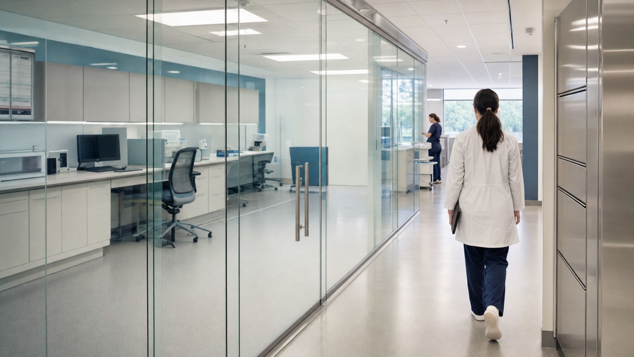 Full-height frameless glass wall dividing a lab area from a hallway.