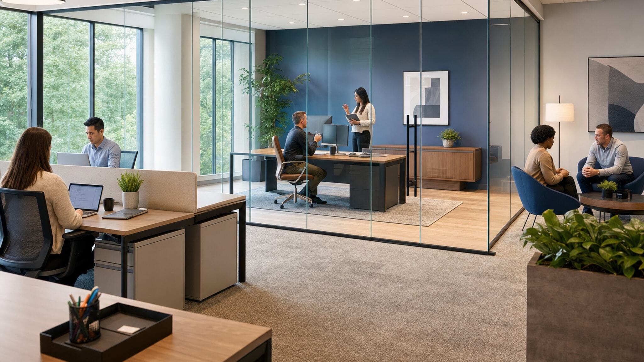 Modern office with frameless glass walls enclosing a conference room.