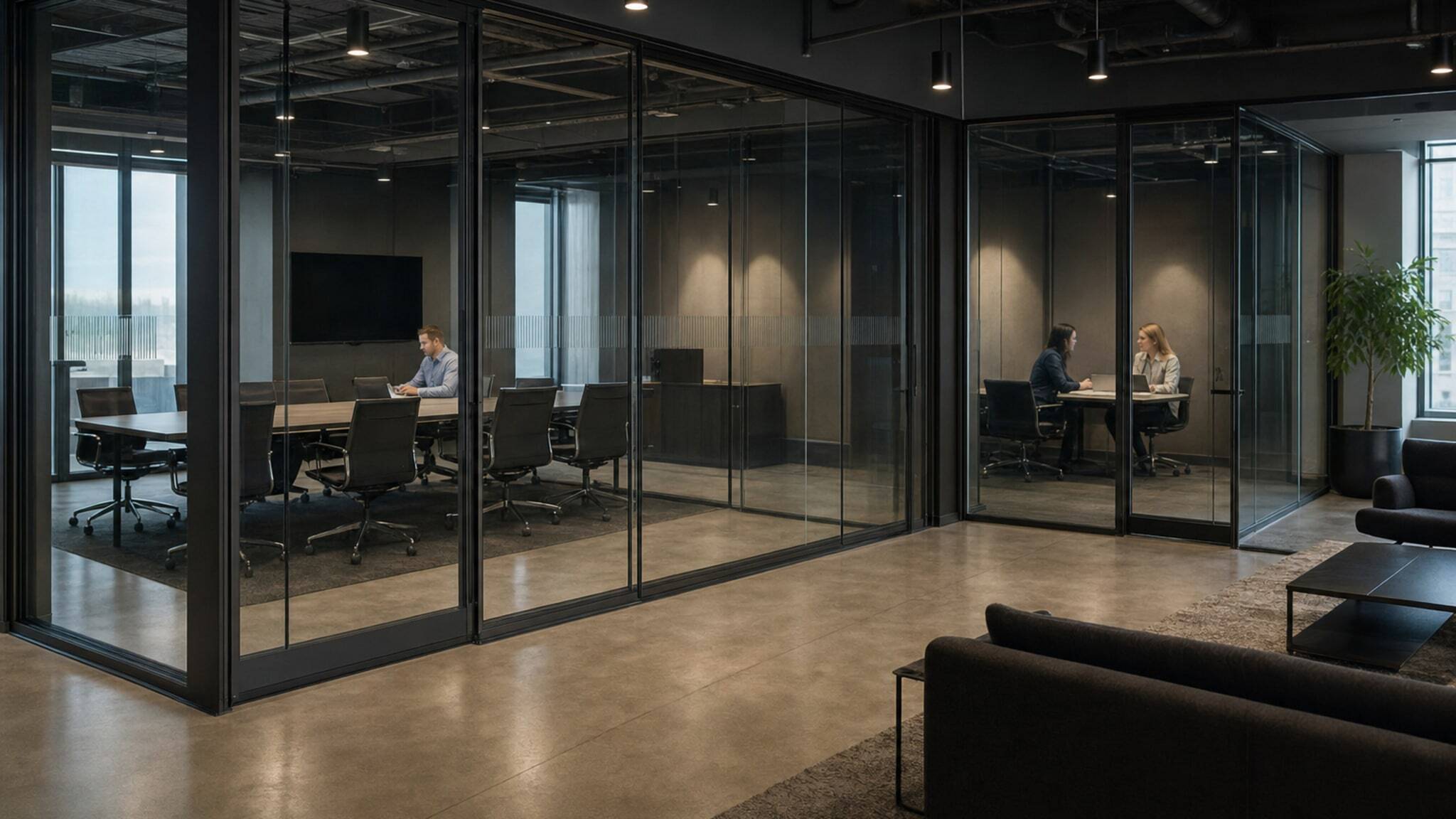 Modern office with floor-to-ceiling frameless glass partitions forming conference rooms.