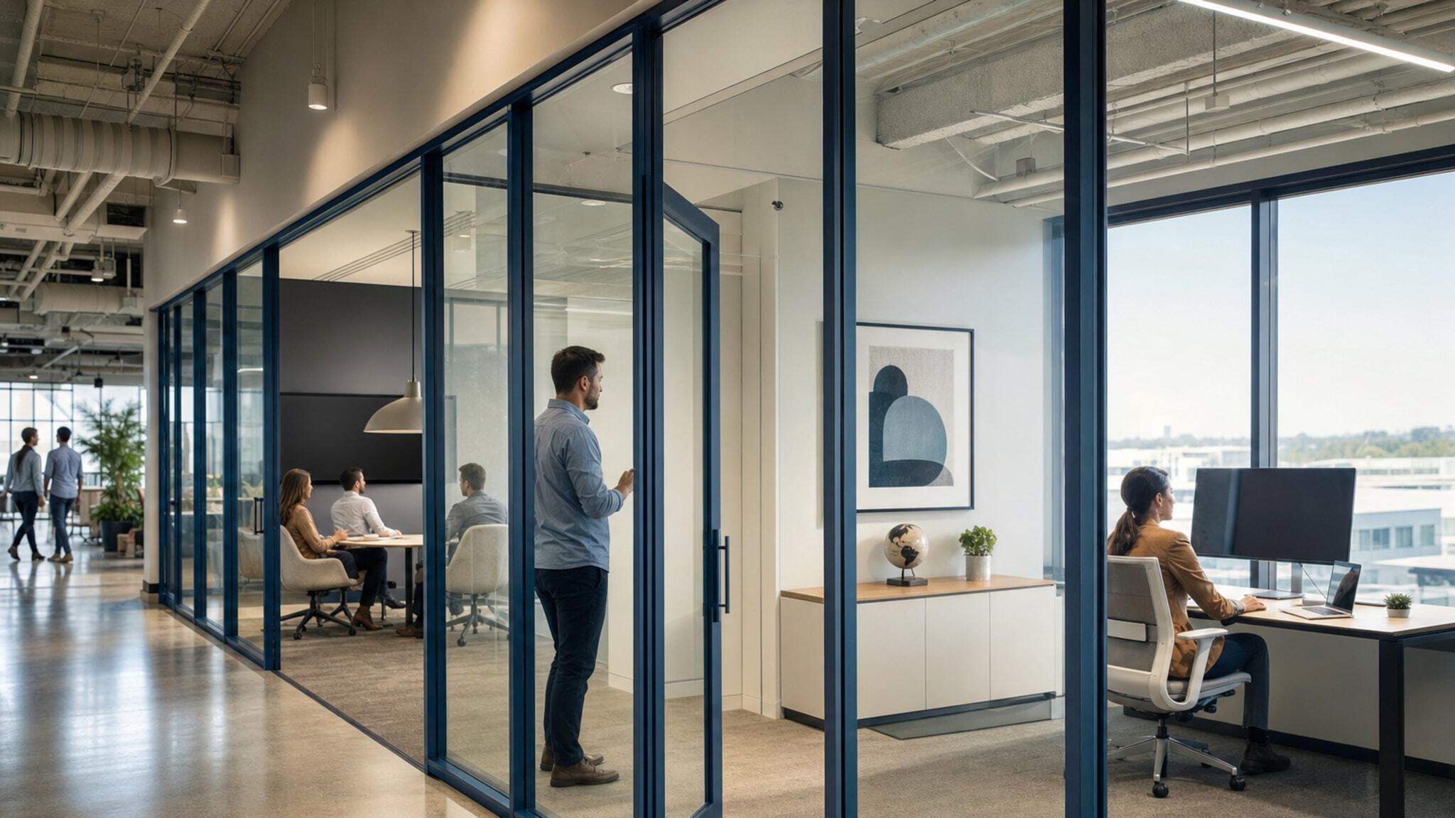 Modern office hallway with frameless glass walls enclosing meeting and work rooms.