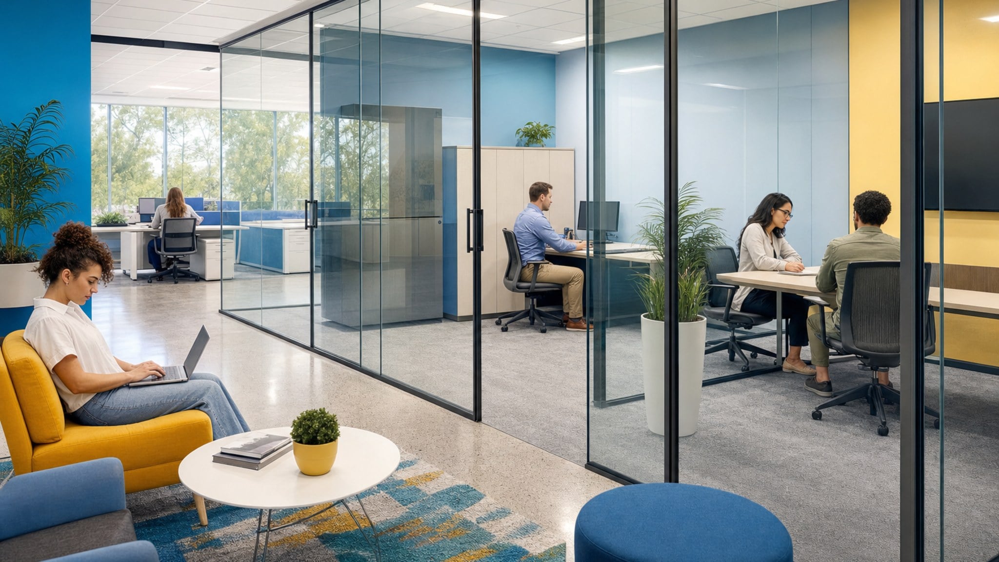 Modern office with frameless glass walls dividing meeting rooms and common work areas.