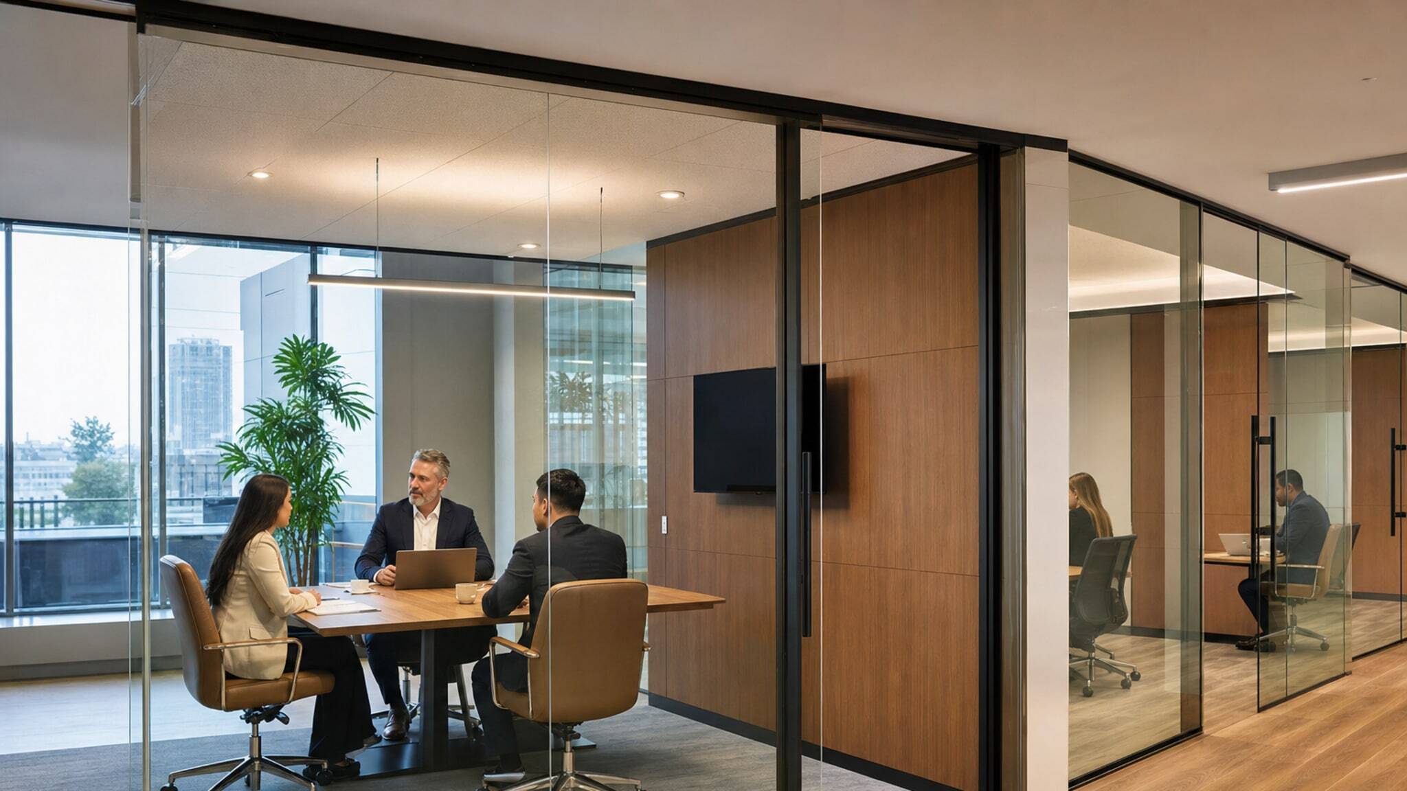 Movable glass wall system dividing conference room with businesspeople seated