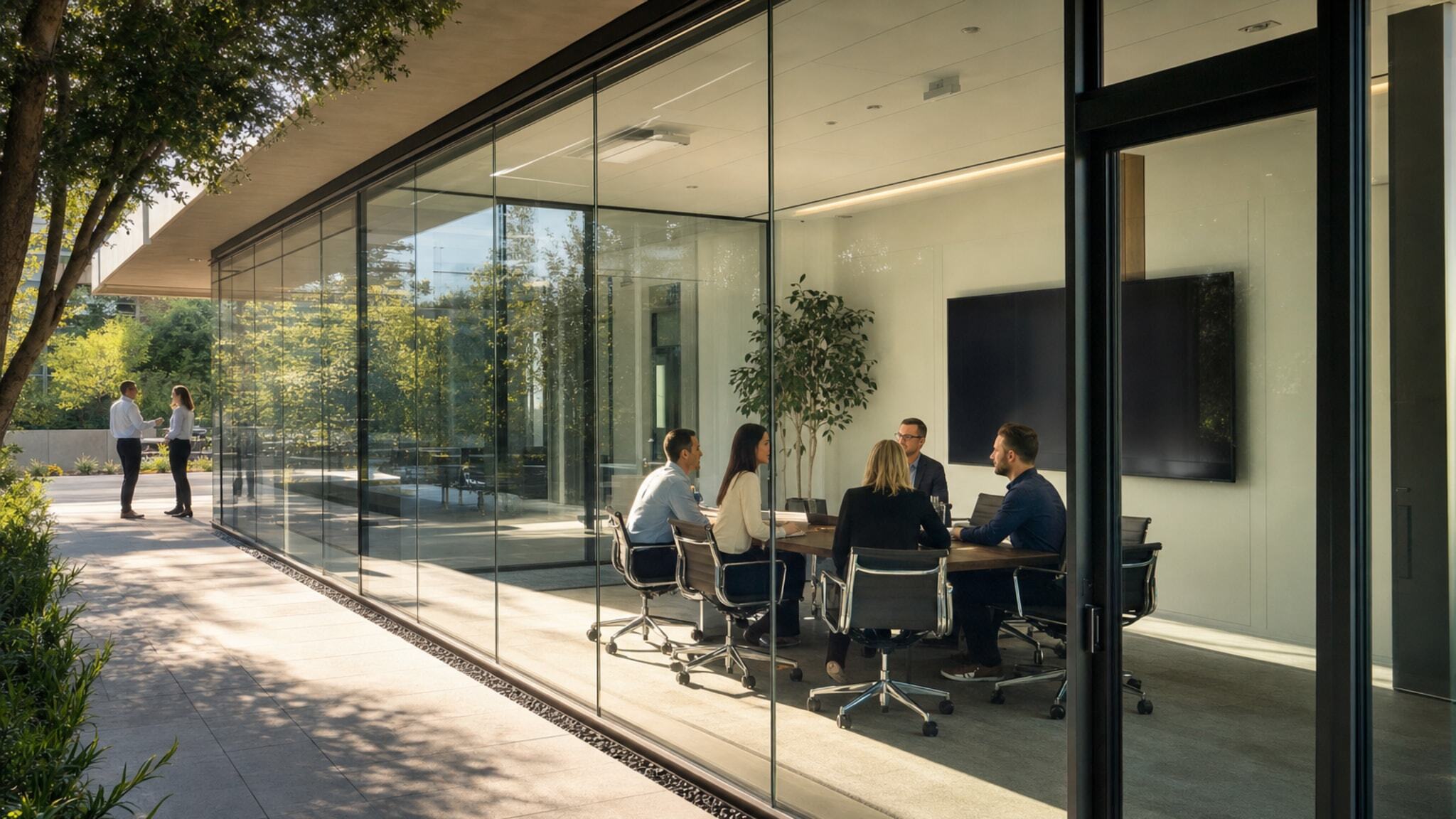 People seated at a conference table inside a room with frameless glass walls.