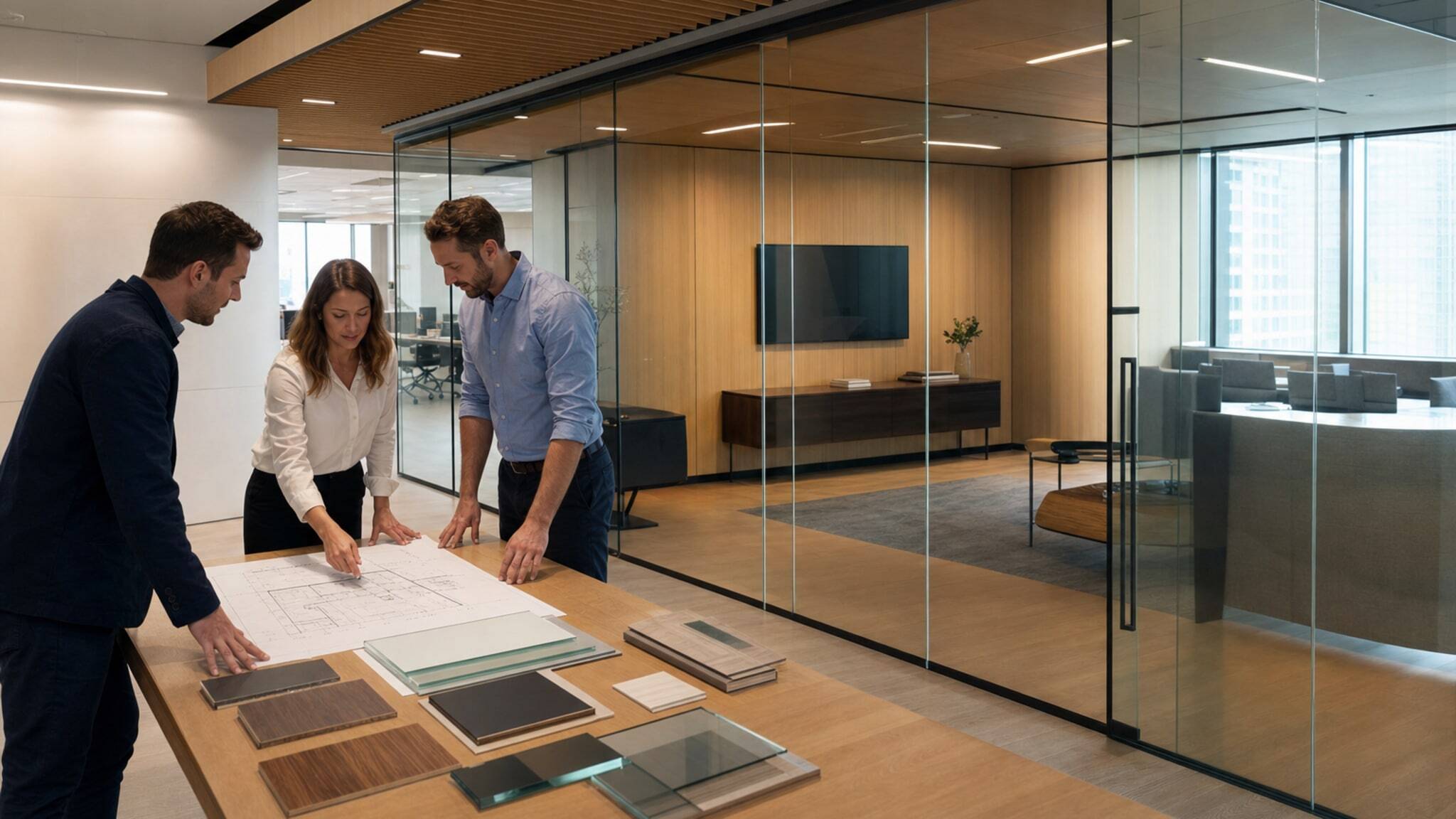 Three professionals discussing floor plans at table with glass wall samples