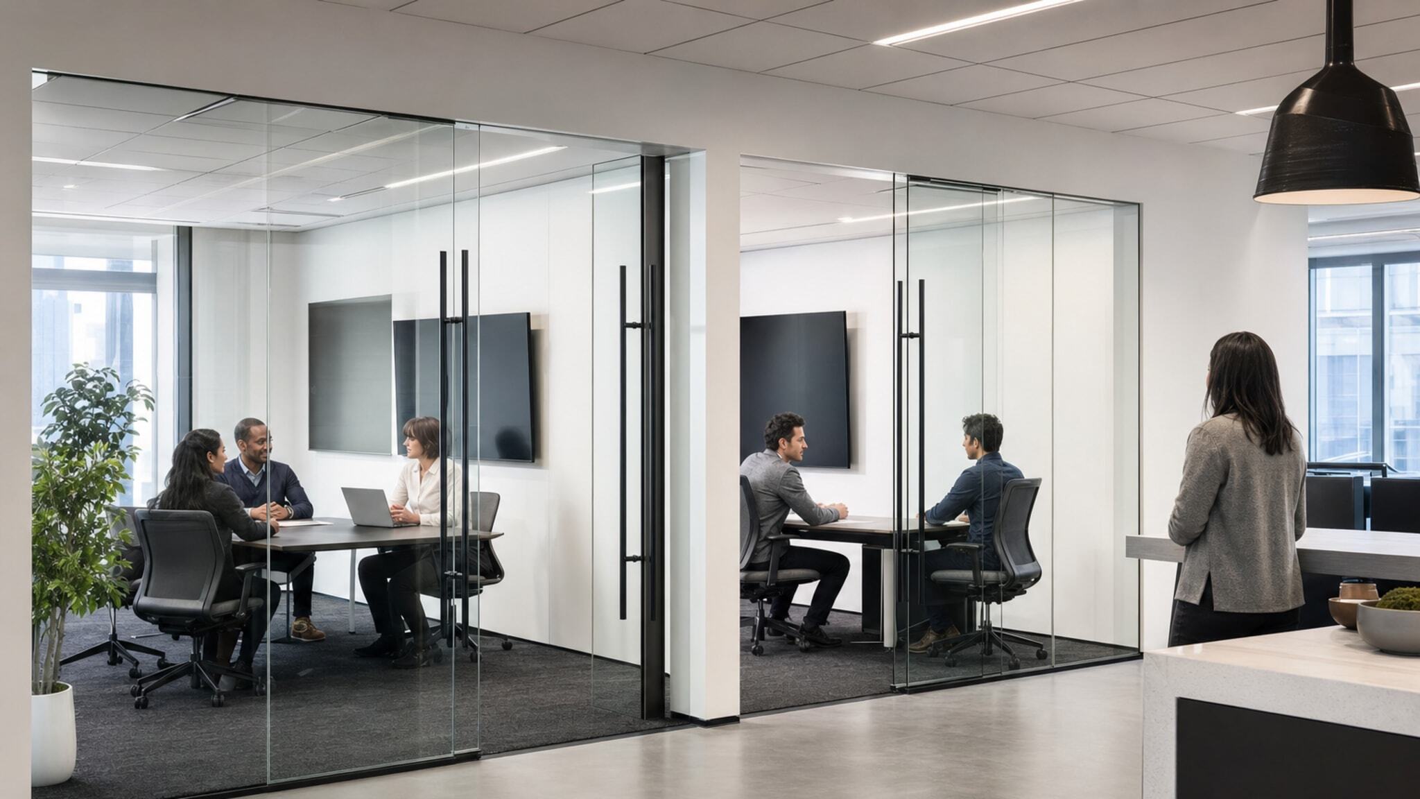 Two meeting rooms with frameless glass walls and people seated at tables.