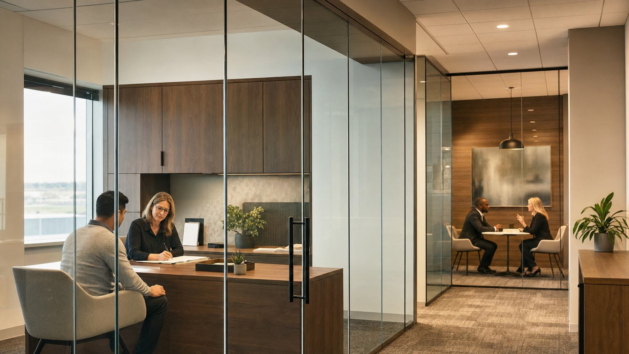 Two glass-walled meeting rooms with people seated at tables inside an office.