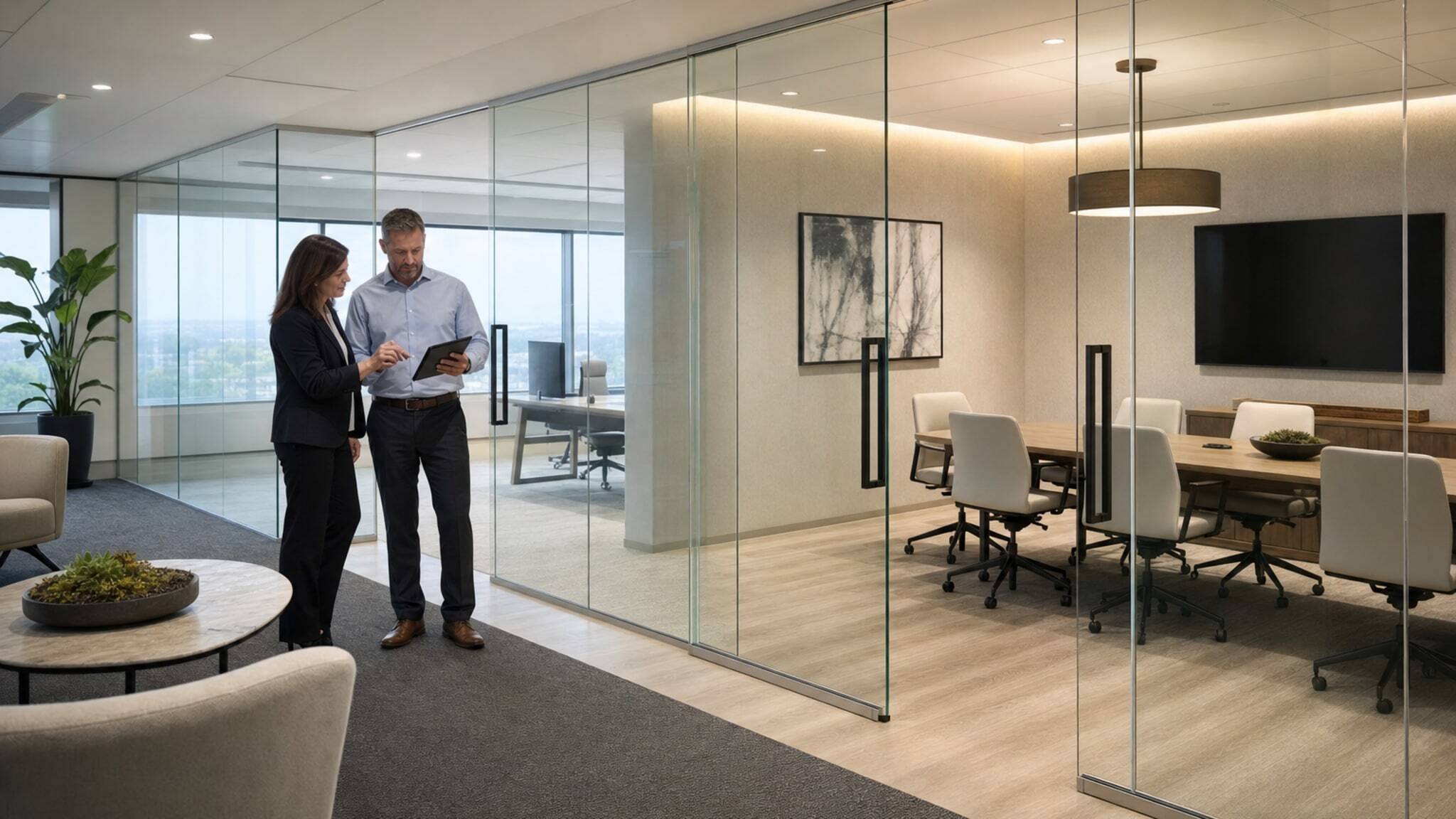 Frameless glass walls enclosing modern meeting rooms in an open office area.